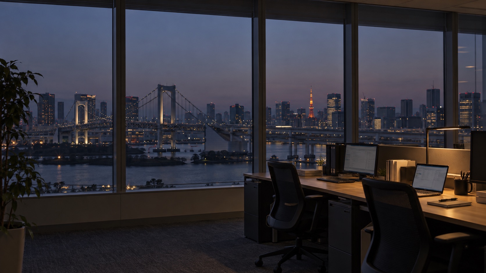 夜景の橋と街並みを望むオフィス